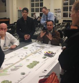 Mt. Vernon Street meeting on Nov. 5.: Residents and stakeholders got hands on in reviewing BRA plans for a re-design of Columbia Point's main drag. Photo by Eliza Dewey 